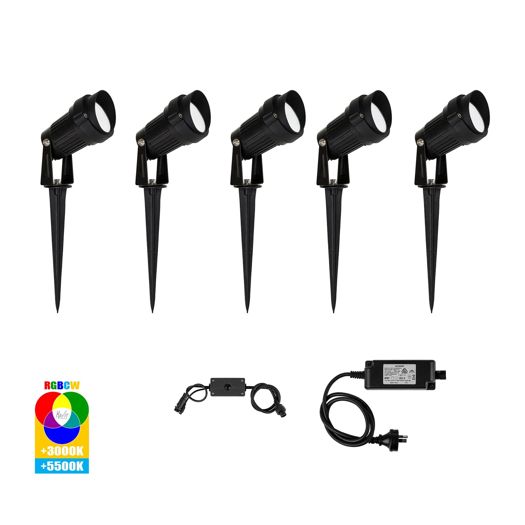 Buy Smart LED Spike Lights Australia Spitze 5 Spike Light Kit Smart 24V Black Aluminium 2 CCT / RGB - HV1428RGBCW-KIT