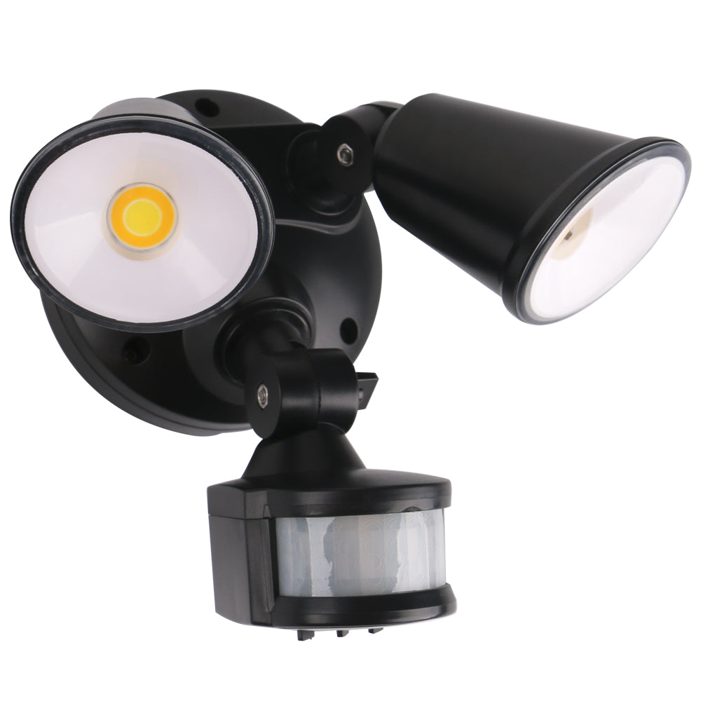 Buy Security Wall Lights Australia Defender Double Spot LED Outdoor Flood Light 2 x 10W Tricolour Sensor Matt Black - MLXD3452MS