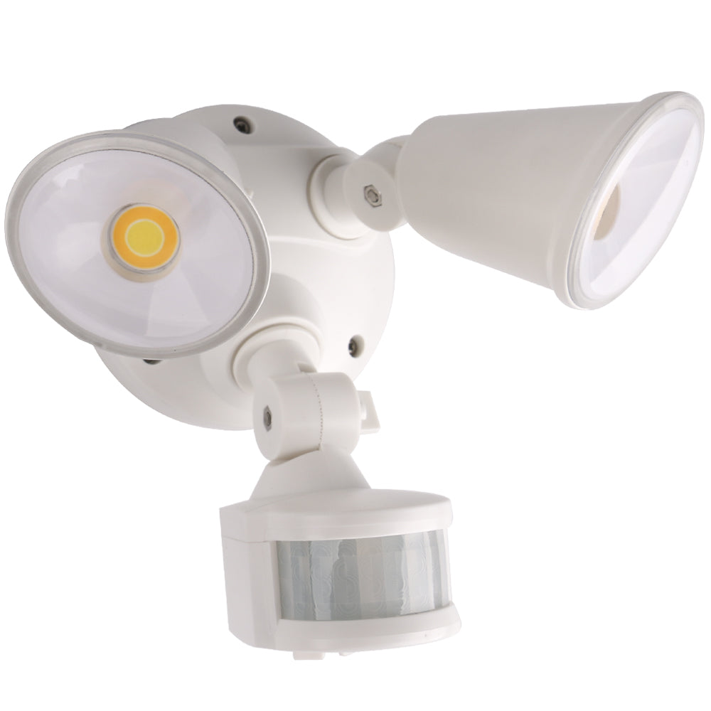 Buy Security Wall Lights Australia Defender Double Spot LED Outdoor Flood Light 2 x 10W Tricolour Sensor White - MLXD3452WS