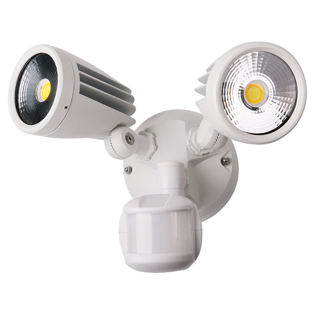 Buy Security Wall Lights Australia Fortress II LED Flood Light Outdoor Double Spot Sensor 2 x 15W Tricolour White - MLXF3452WS