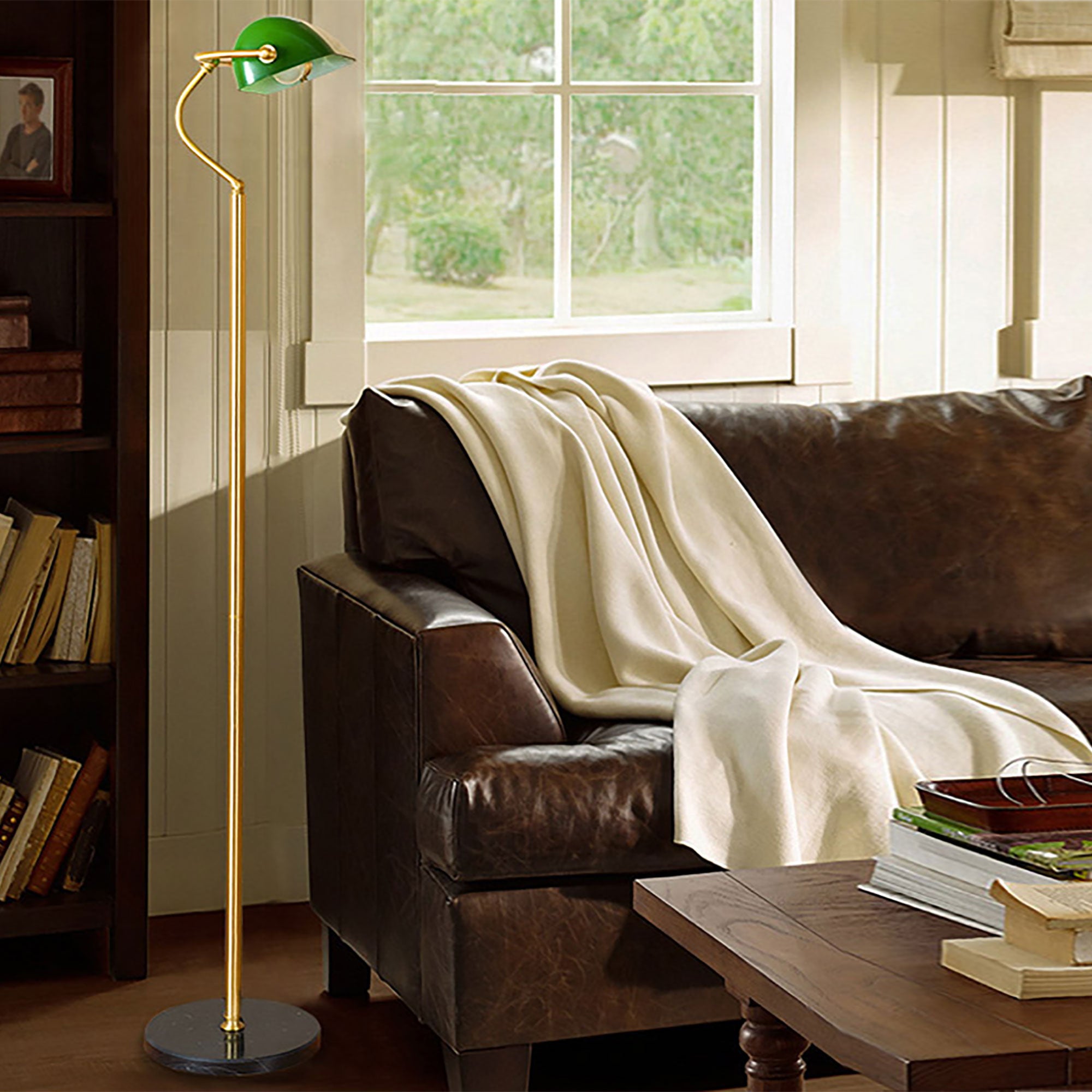 Buy Floor Lamps Australia Bankers 1 Light Floor Lamp Antique Brass & Green - OL99443AB