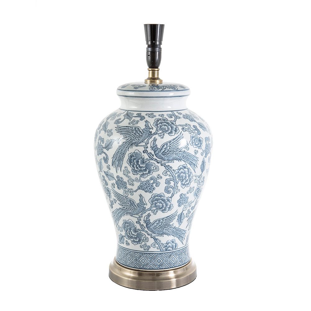 Buy Table Lamps Australia Aviary Glazed Bird Motif Ceramic and Metal Urn Table Lamp Base Only - Blue/White - ELJCC12549