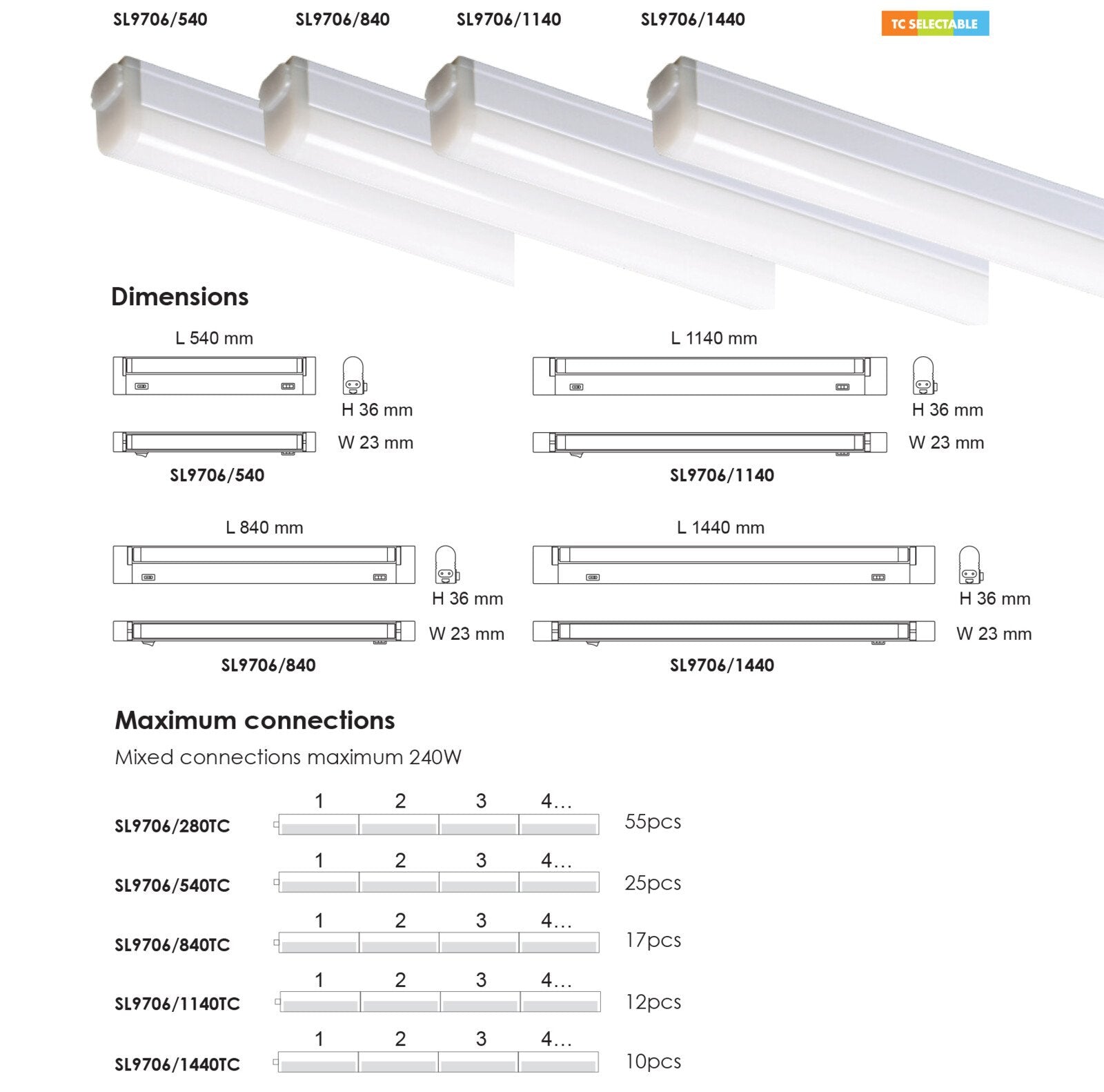 Buy LED Batten Lights Australia Slimline Seamless TC Linkable LED Batten 13W TRI Colour - SL9706/840TC
