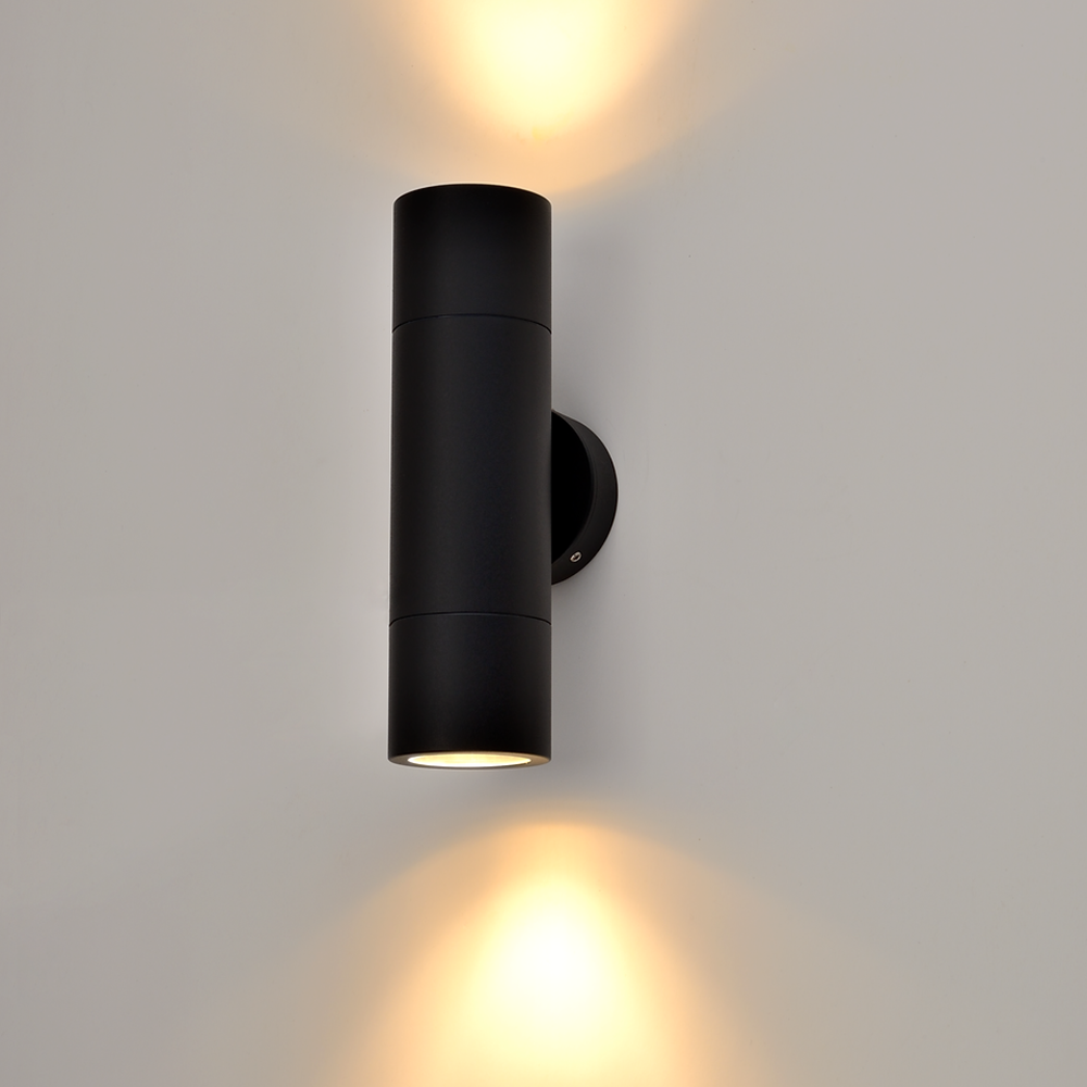 Round Exterior Up/Down Wall Pillar 2 Lights Black Aluminium - 2122B