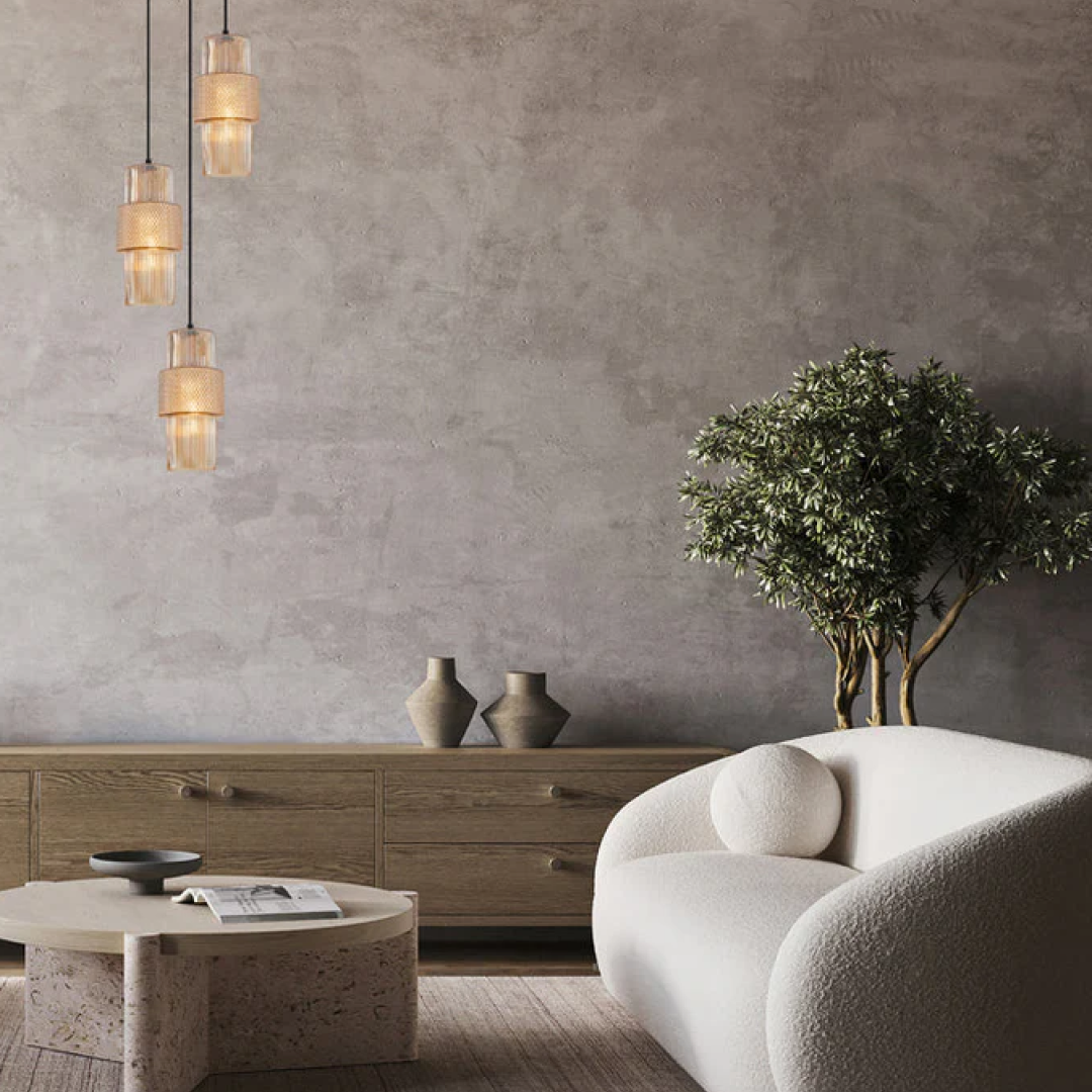 Hueca Double Cylinder Ribbed with Segment Pendant Lights Amber - HUECA2