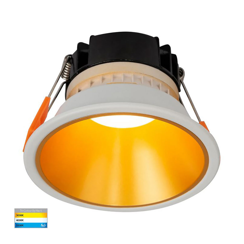 Round Recessed LED Downlight White Polycarbonate Gold Insert 3 CCT - HV5528T-WG