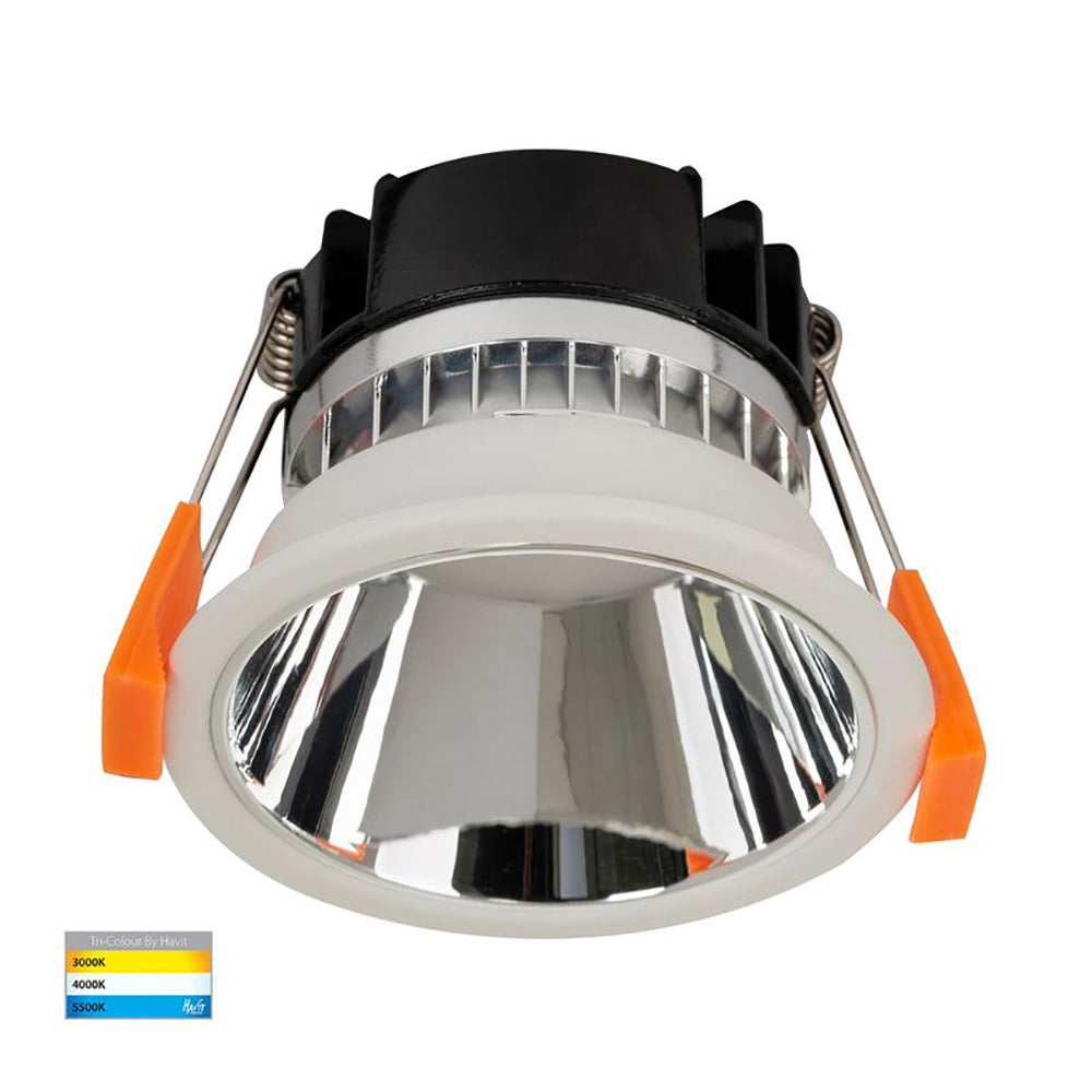 Buy Recessed LED Downlights Australia Round Recessed LED Downlight W82mm White Polycarbonate Chrome Insert 3 CCT - HV5529T-WC