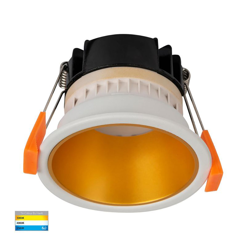 Round Recessed LED Downlight W82mm White Polycarbonate Gold Insert 3 CCT - HV5529T-WG