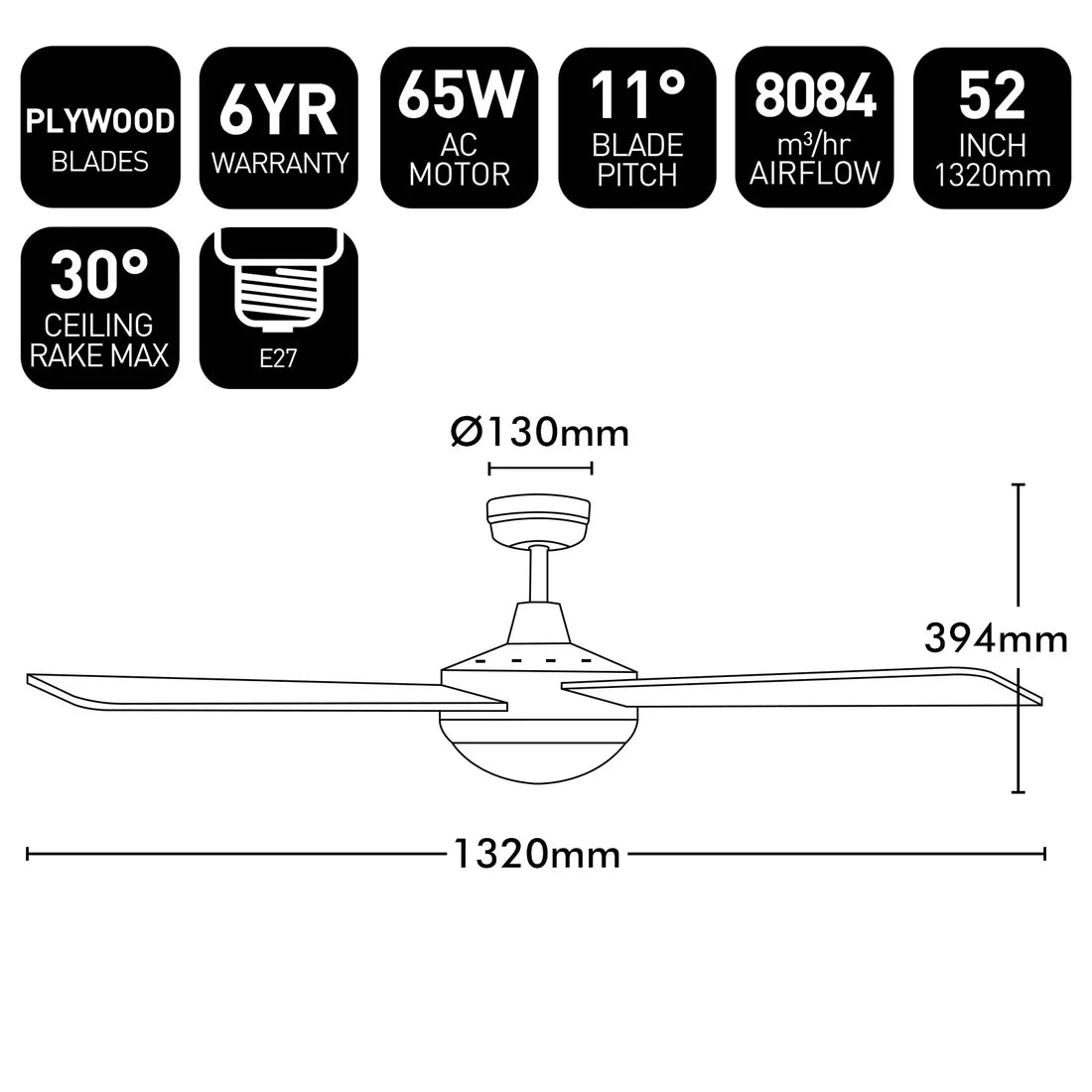 Tempo Plus AC Ceiling Fan 52" With Light Black - 22279/06