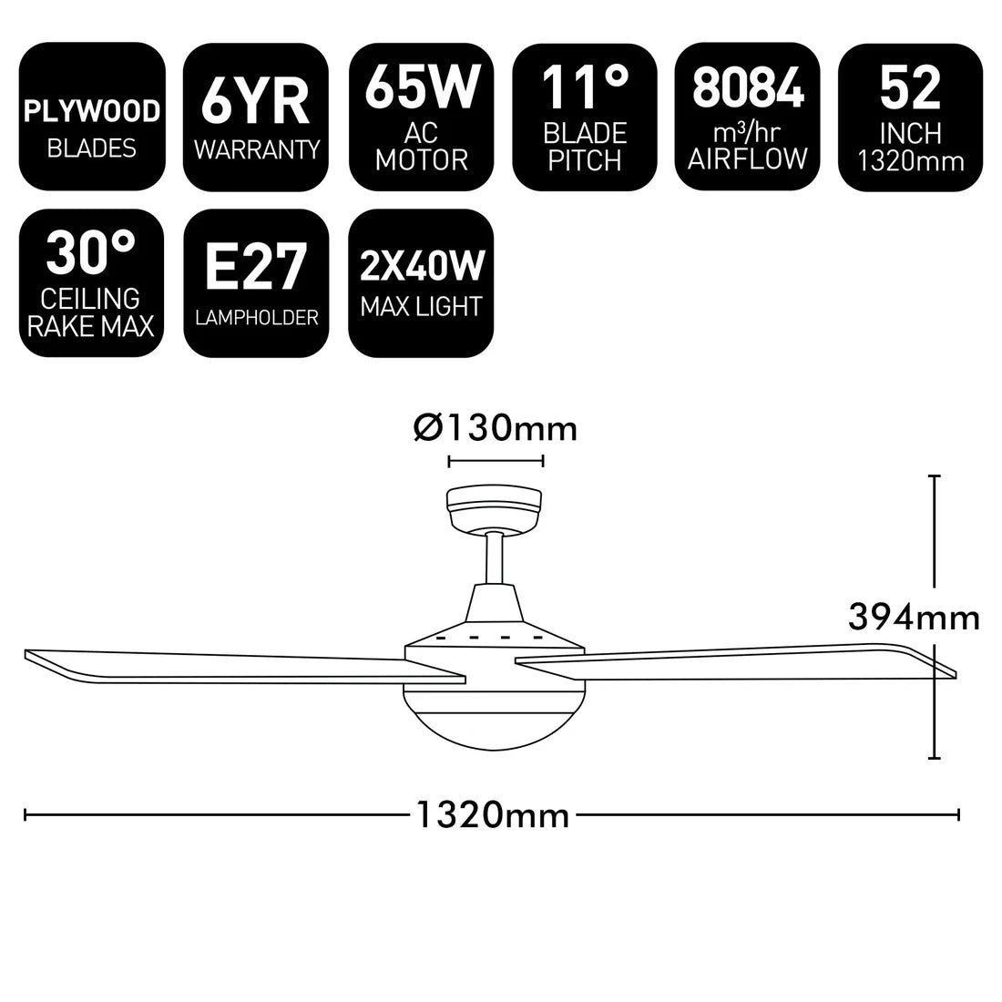 Tempo Plus AC Ceiling Fan 52" With Light Brushed Aluminium - 22279/13