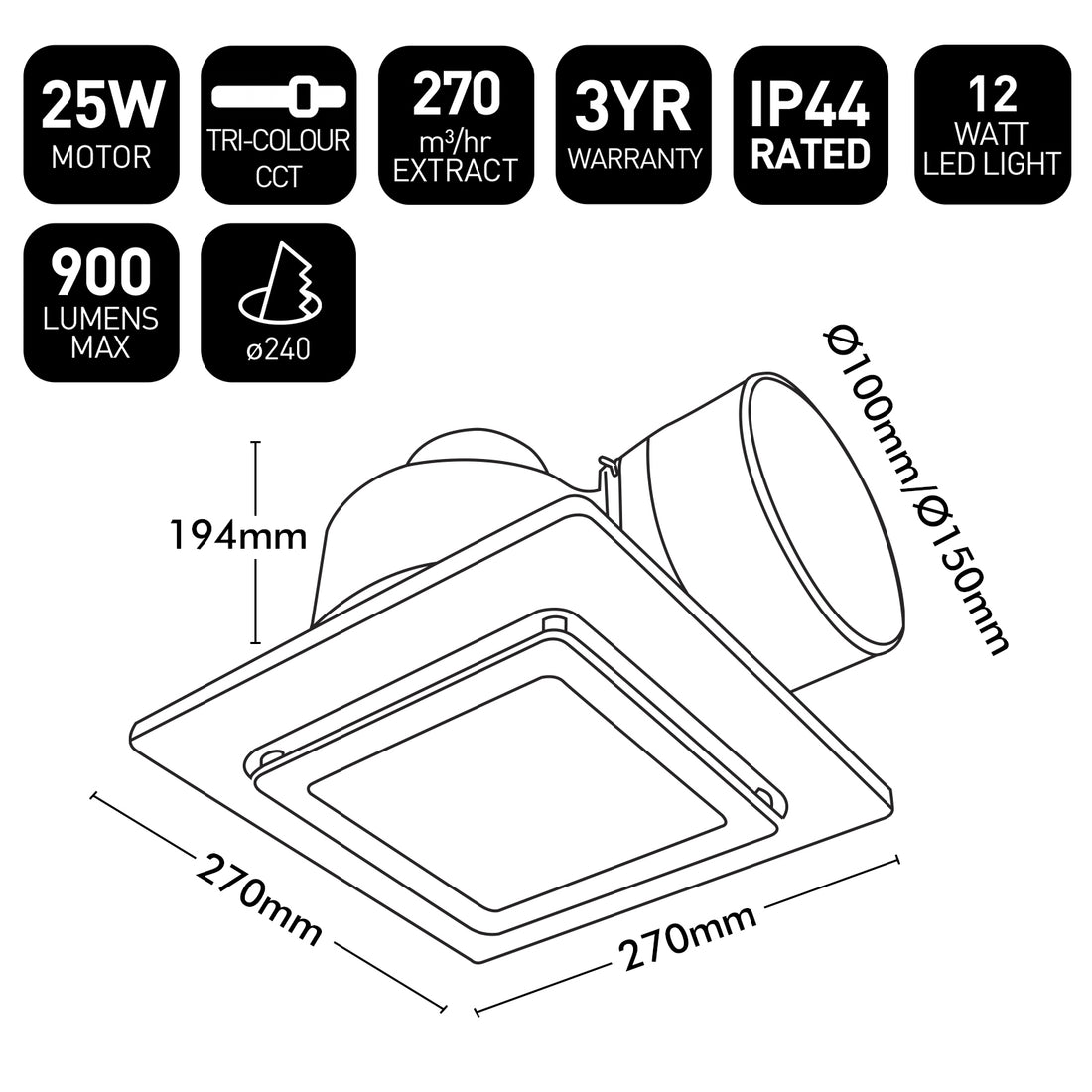 Sarico 270mm White Exhaust Fan With LED Light 25W 3CCT - 22375/05