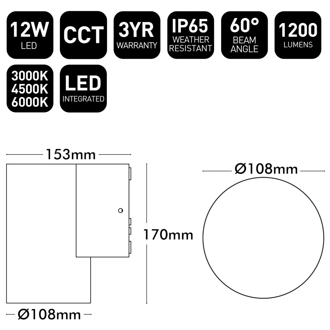 Anka Plus 108mm LED Wall Light 12W 3CCT Black  - 22559/06