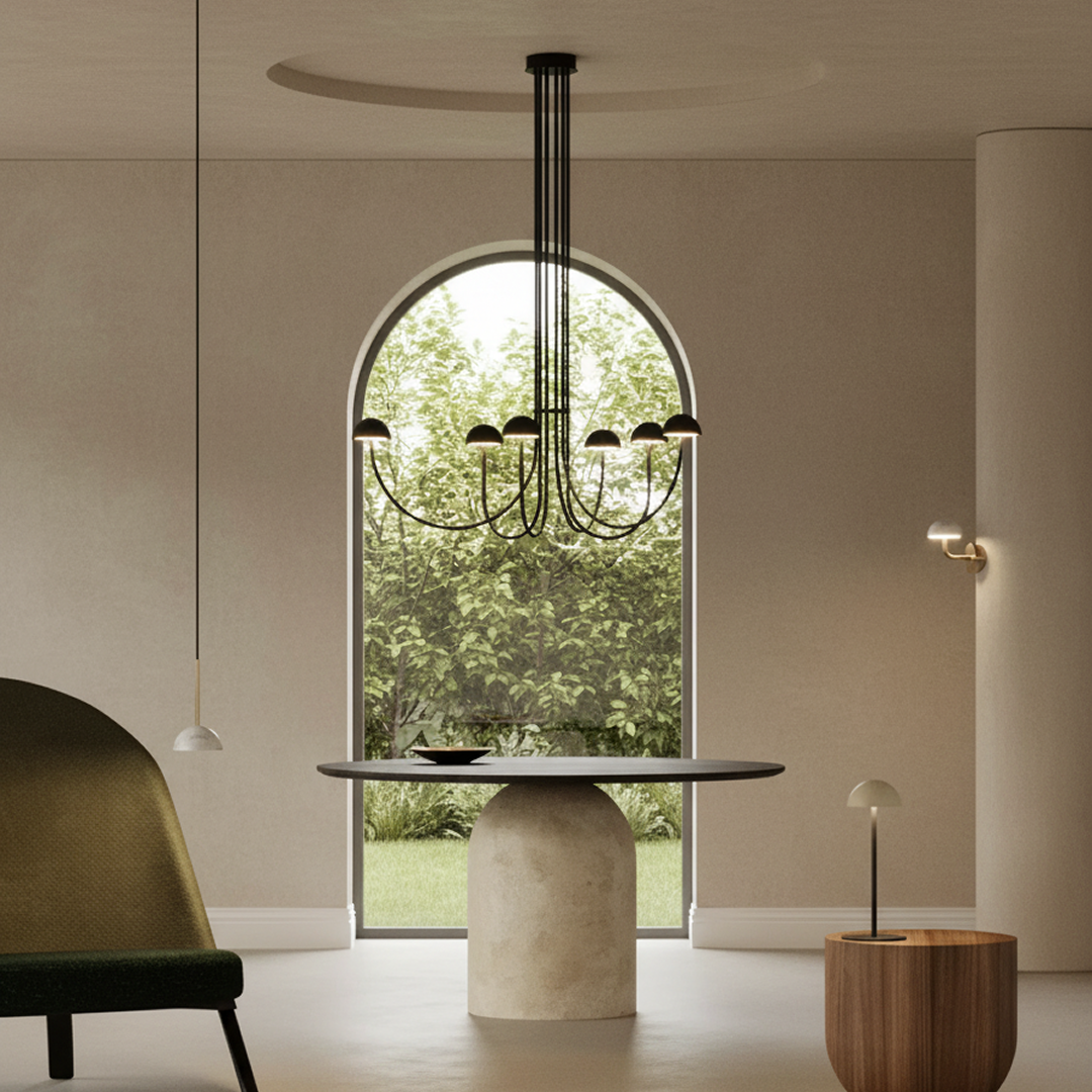 Dussa LED Chandelier 9W 2700k Matte Black & Travertine - ARO.C1307/6/NEG-TRA