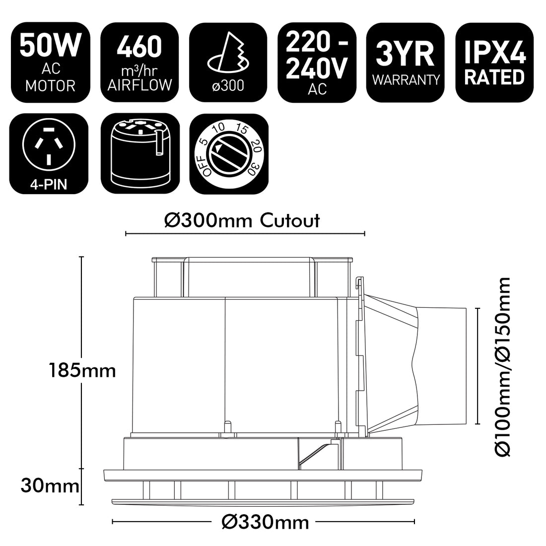 Talon Promax Round 330mm Exhaust Fan With Delay Timer White - 22895/05