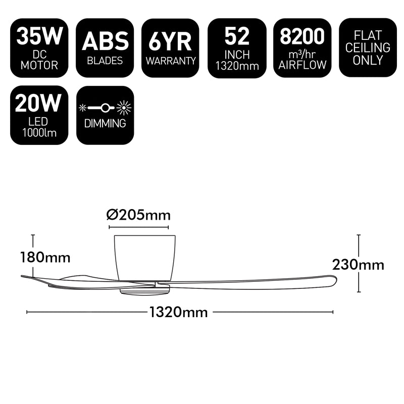 Costa Low Profile DC Ceiling Fan 52" With LED Light White - 22947/05