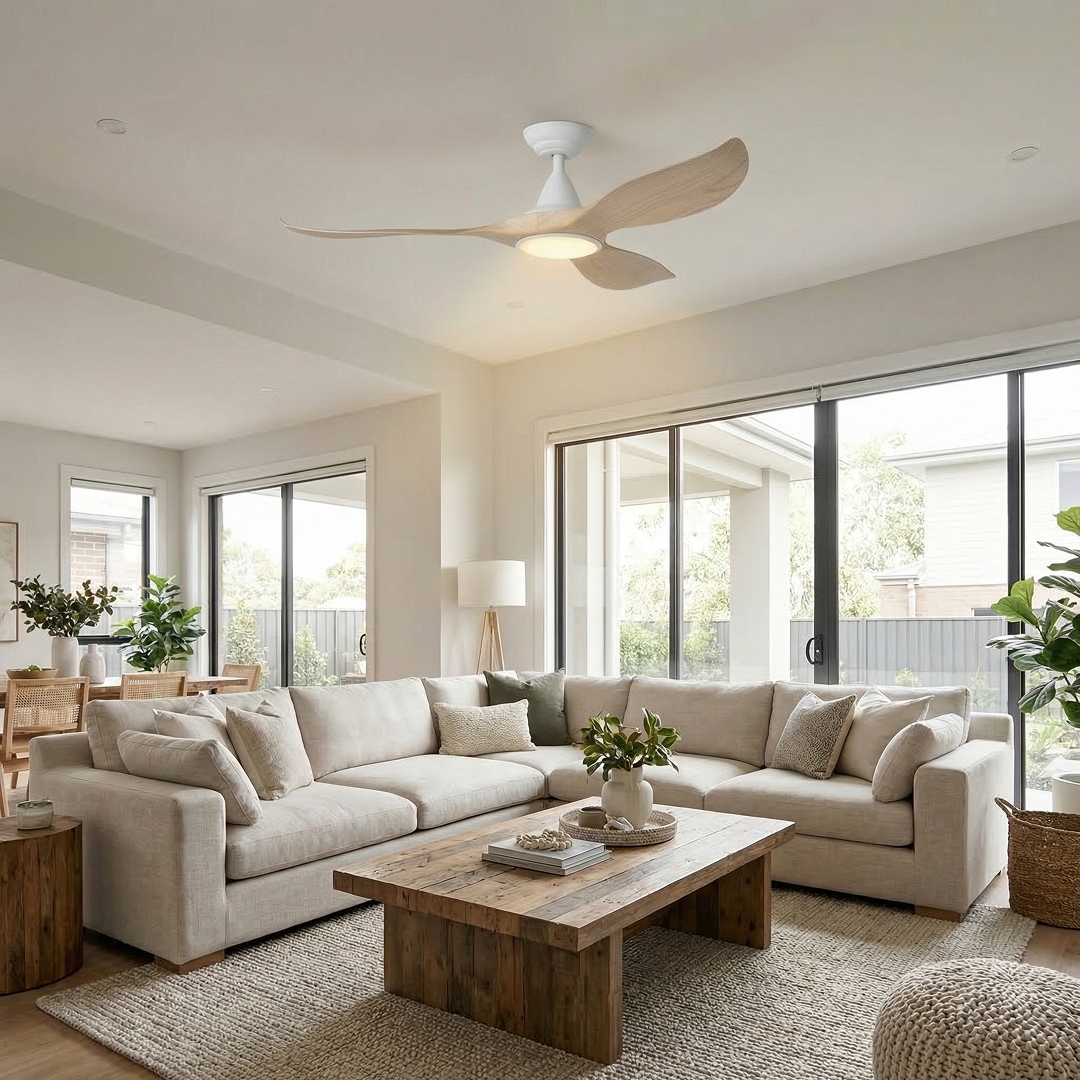 Noosa LED DC Ceiling Fan 60" White Matt 38W Tri Colour With Blackbutt Blade - 20685116