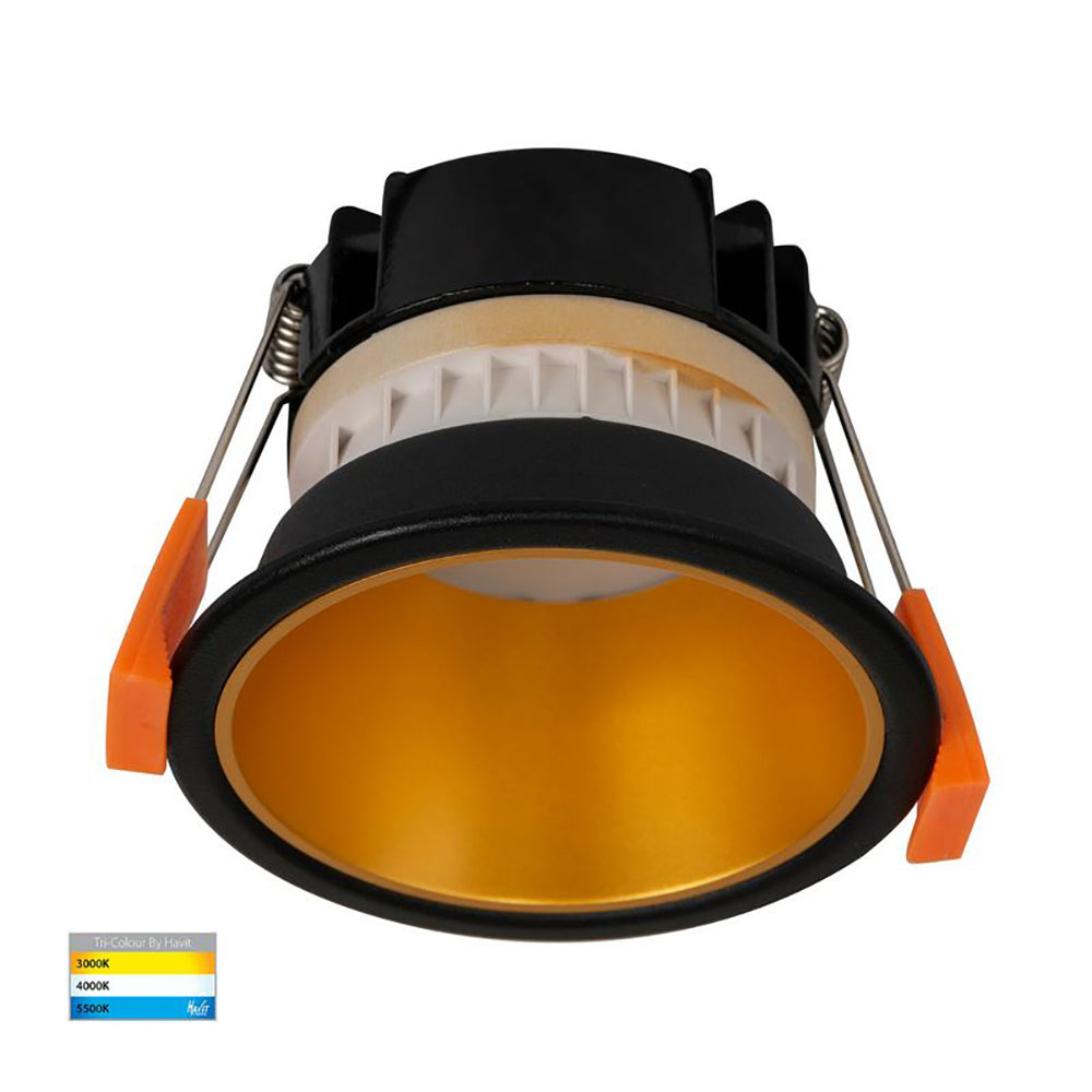 Buy Recessed LED Downlights Australia Round Recessed LED Downlight W82mm Black Polycarbonate Gold Insert 3 CCT - HV5529T-BG