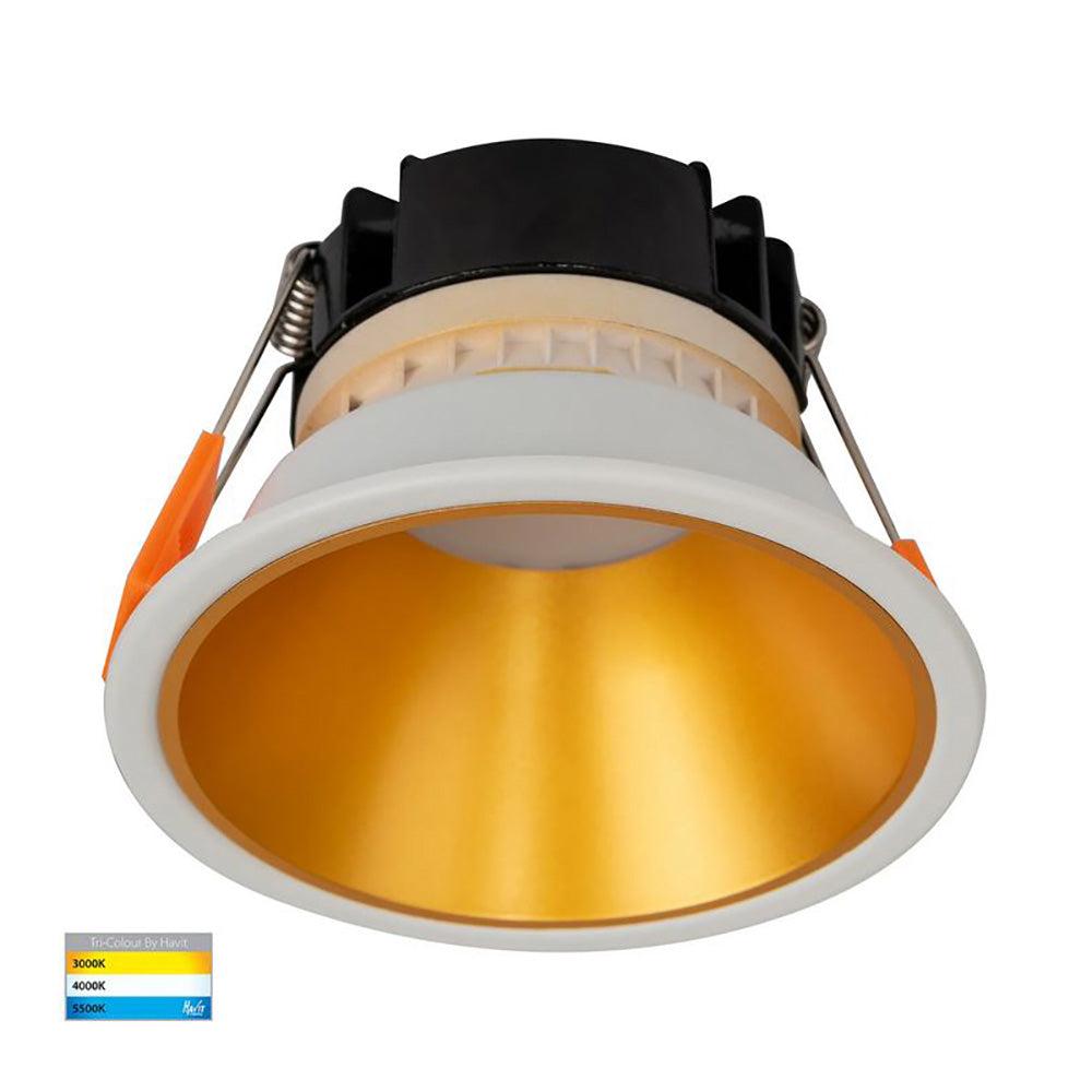 Round Recessed LED Downlight White Polycarbonate Gold Insert 3 CCT - HV5528T-WG