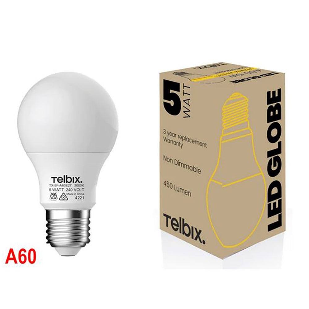 A60 LED Globe ES 240V 5W White Polycarbonate 6000K - G A605E27OP860