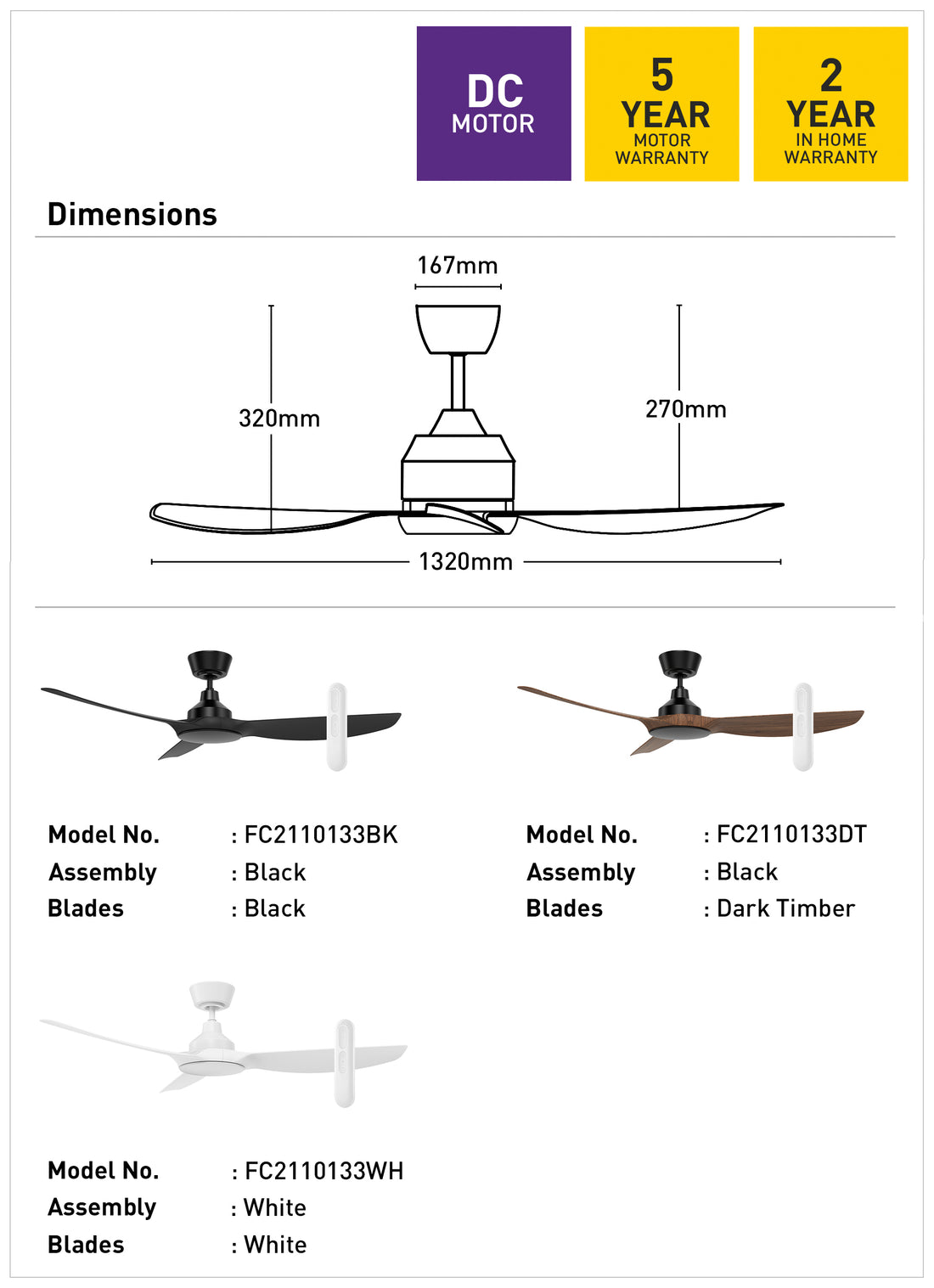 Jota Large DC Ceiling Fan 52" Black With Remote - FC2110133BK