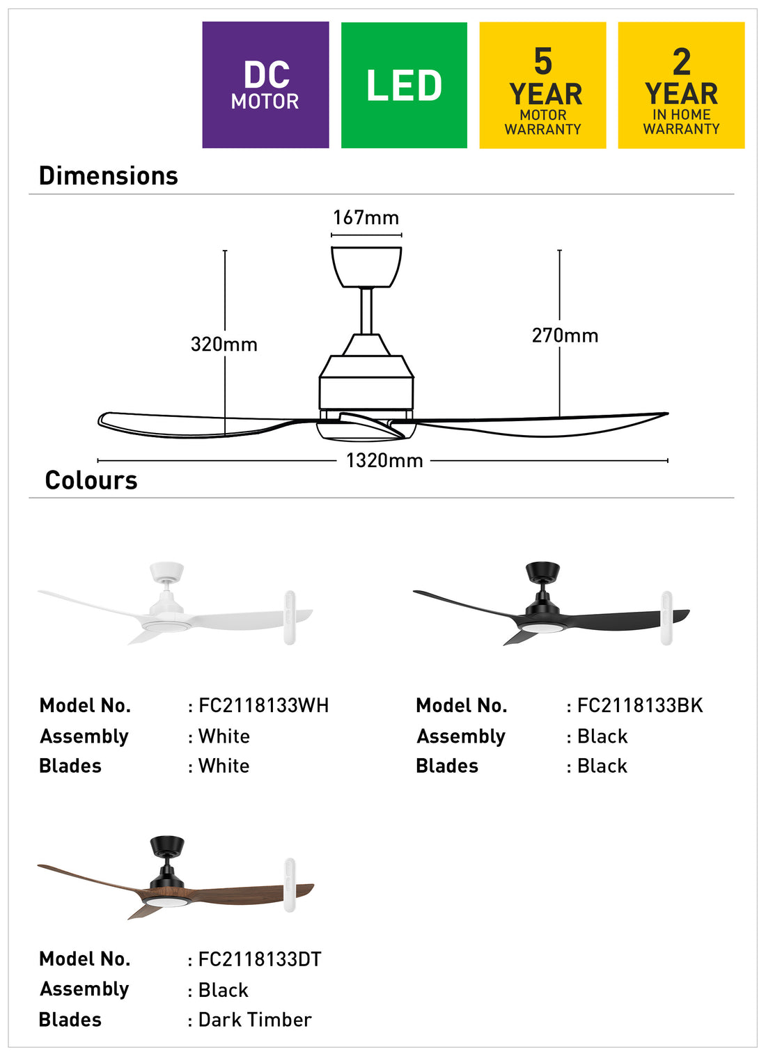 Jota Large DC Ceiling Fan 52" With CCT LED Light Dark Timber & Black And Remote - FC2118133DT