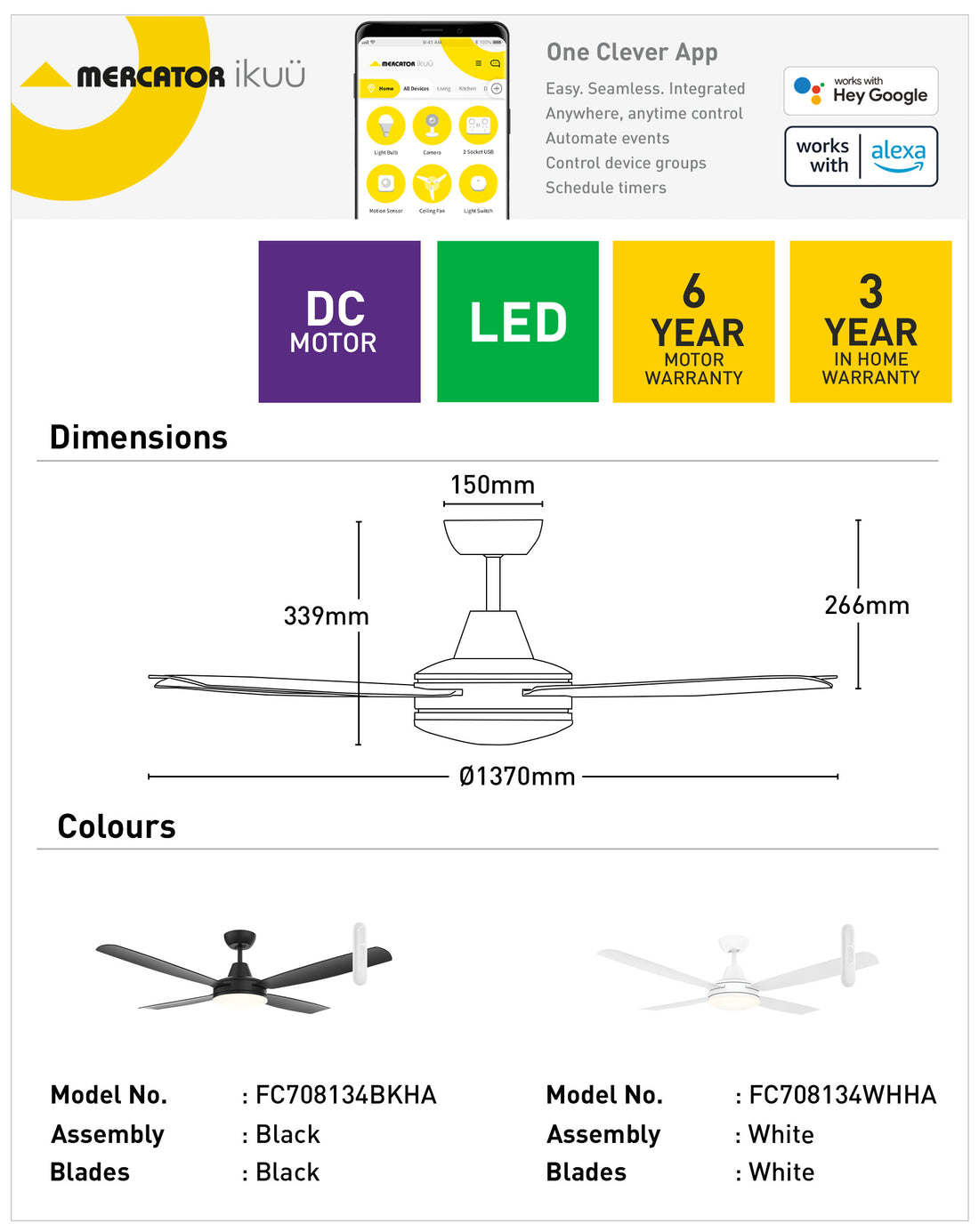 Nemoi DC Ikuü Smart Wi-Fi Ceiling Fan 54" LED Light White With Remote - FC708134WHHA