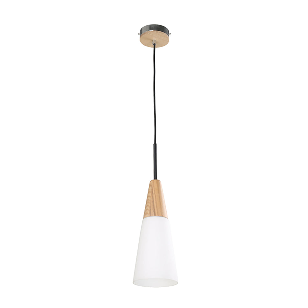 Buy Pendant Lights Australia Finn 1 Light Pendant Blonde Wood With Opal Glass Long Cone - FINN1