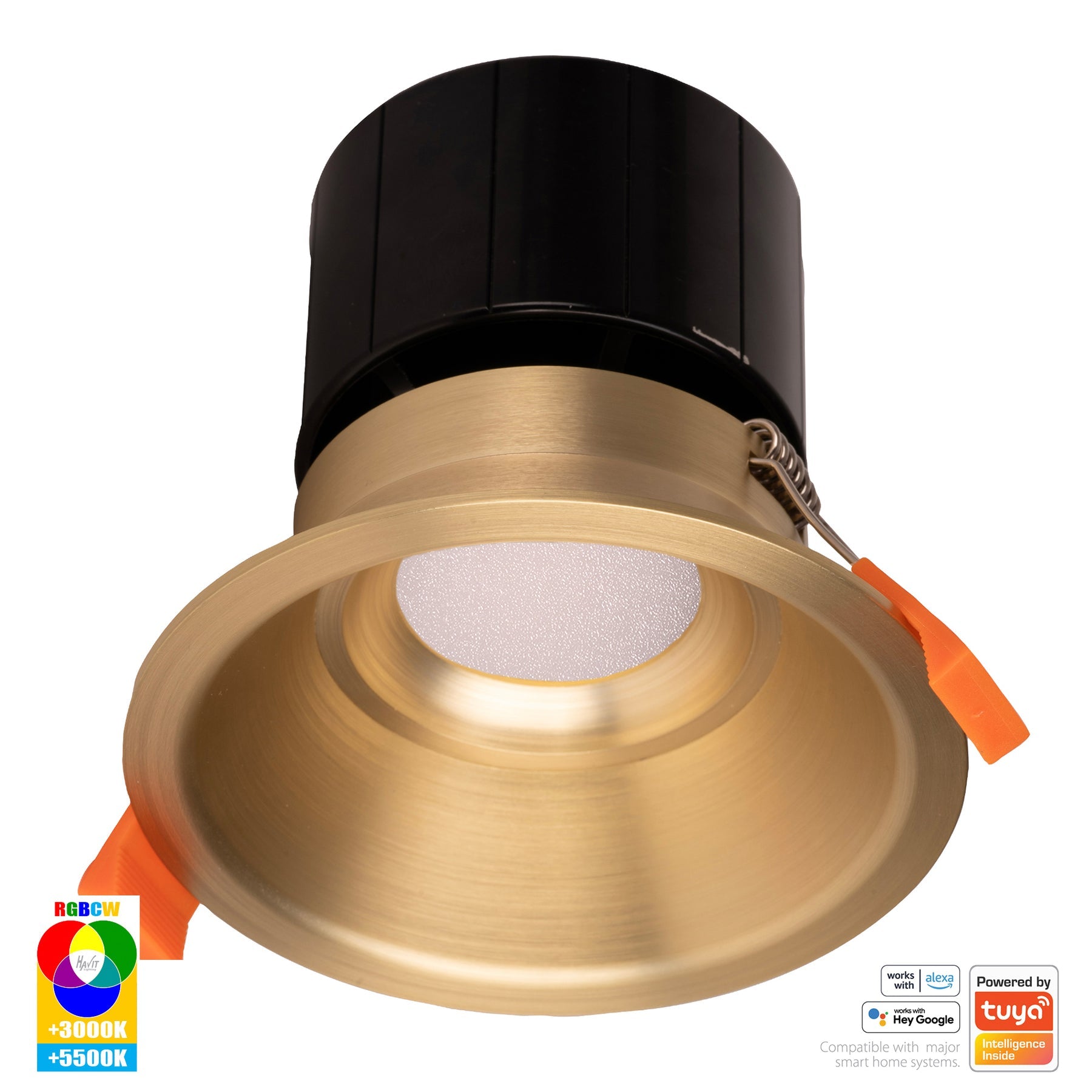 Prime Smart Aluminium 105mm Deep Recessed LED Downlight 240V 12W RGBCW Brass - HV5514RGBCW-BR