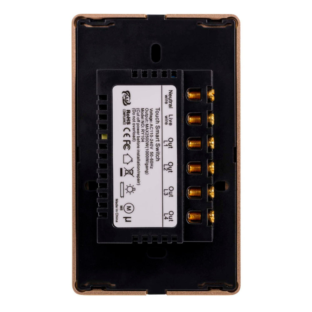 Wifi 4 Gang Wall Switch Black with Gold Trim - HV9220-4