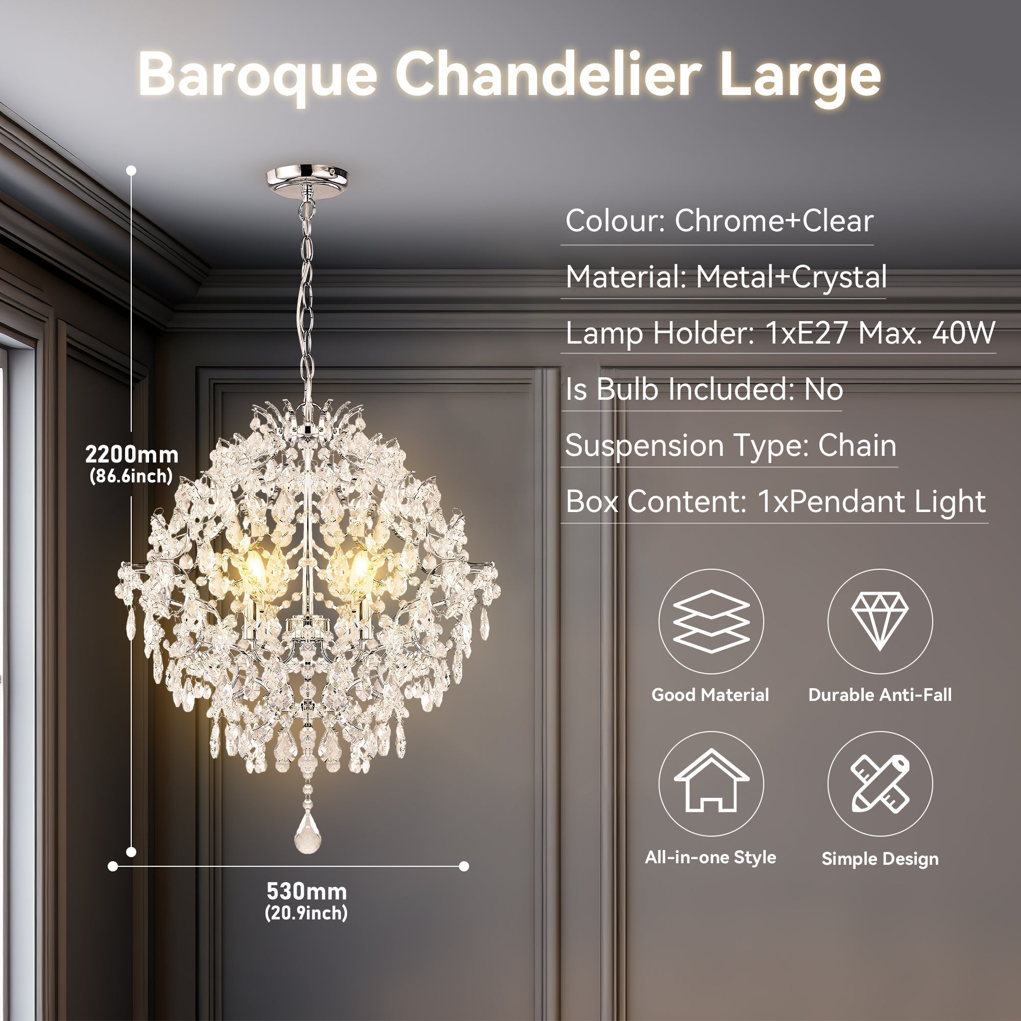 Baroque 3 Light Large Chandelier Chrome & Clear - LL002CH113L