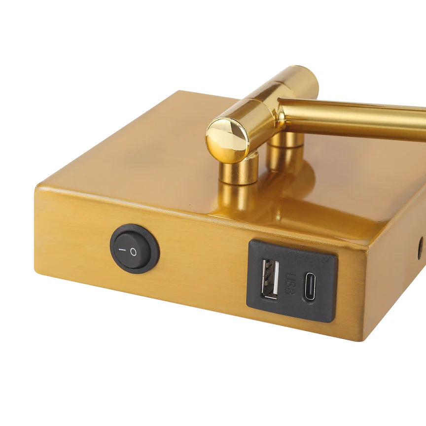 Elspet Swing Arm Wall Lamp With Charging Ports Brass & Linen - LL002WL028BR