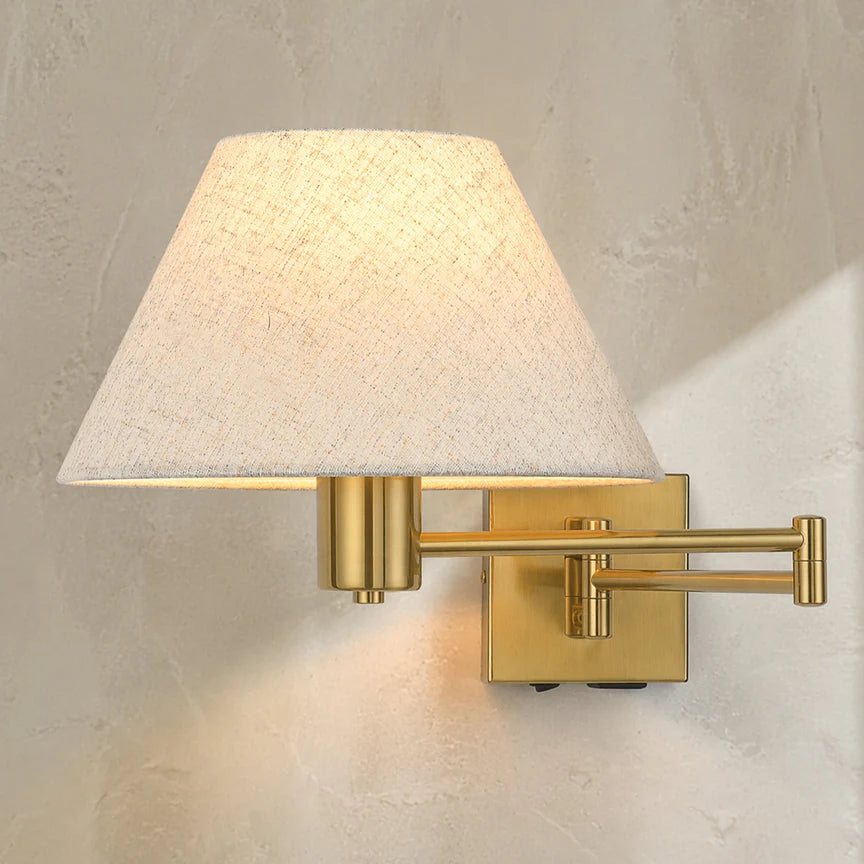 Elspet Swing Arm Wall Lamp With Charging Ports Brass & Linen - LL002WL028BR