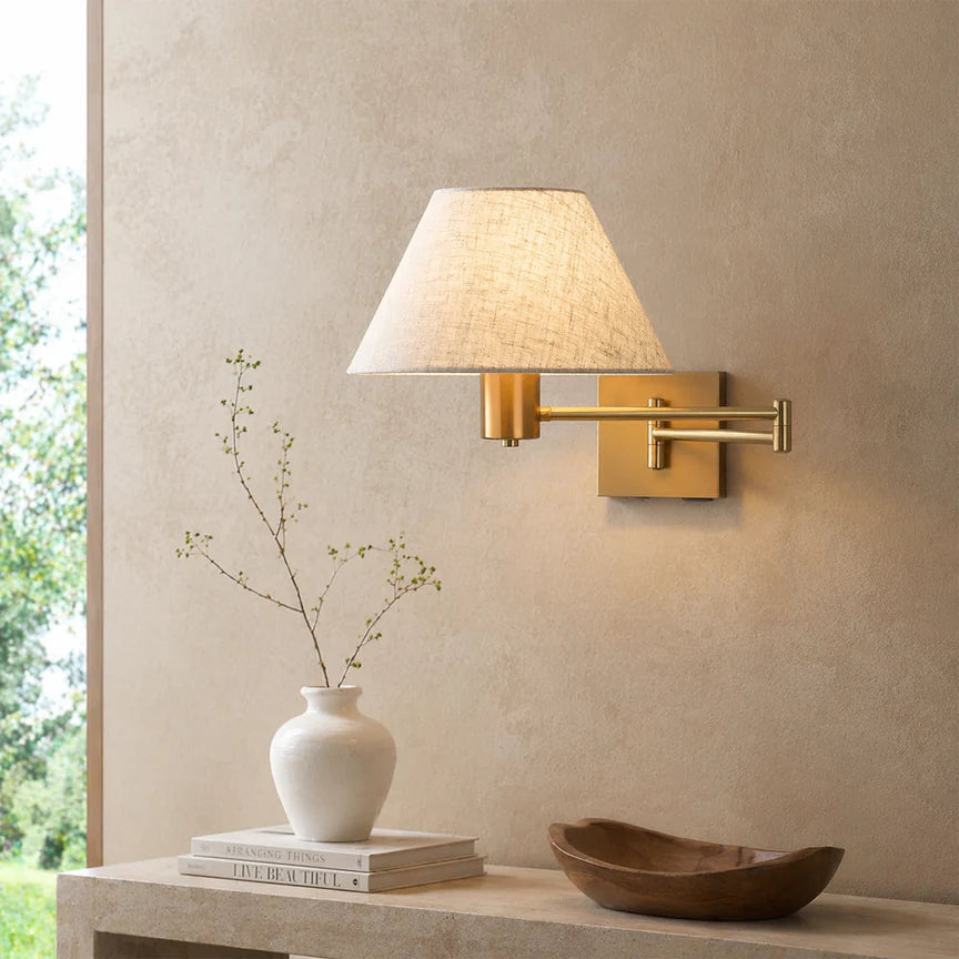 Elspet Swing Arm Wall Lamp With Charging Ports Brass & Linen - LL002WL028BR