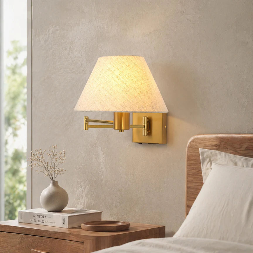 Elspet Swing Arm Wall Lamp With Charging Ports Brass & Linen - LL002WL028BR