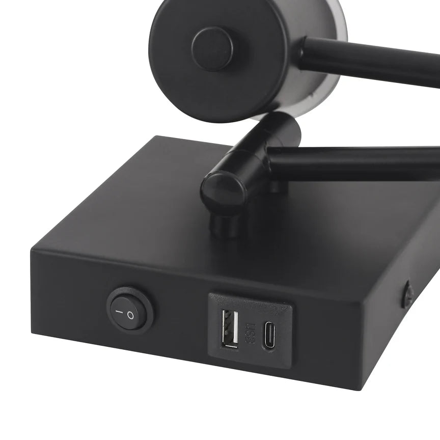 Elspet Swing Arm Wall Lamp With Charging Ports Matte Black & Linen - LL002WL028B