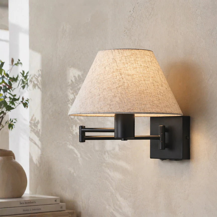 Elspet Swing Arm Wall Lamp With Charging Ports Matte Black & Linen - LL002WL028B