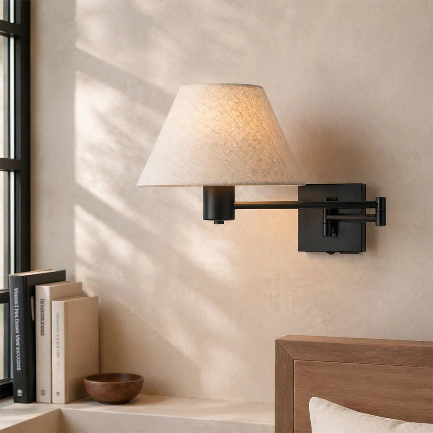Elspet Swing Arm Wall Lamp With Charging Ports Matte Black & Linen - LL002WL028B