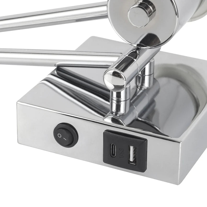 Elspet Swing Arm Wall Lamp With Charging Ports Chrome & Linen - LL002WL028CH