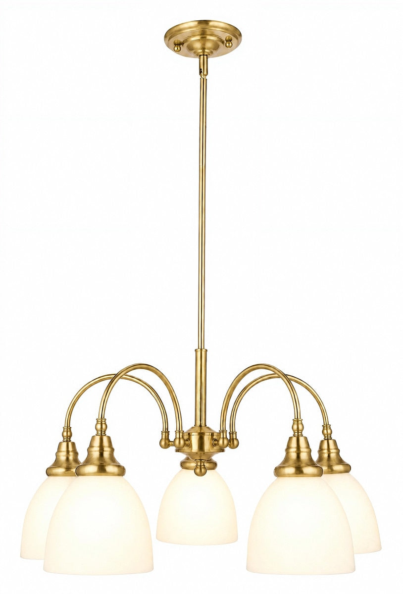 Benson 5 Light Pendant Light Arms Down Satin Brass & Opal Matt - 1001671