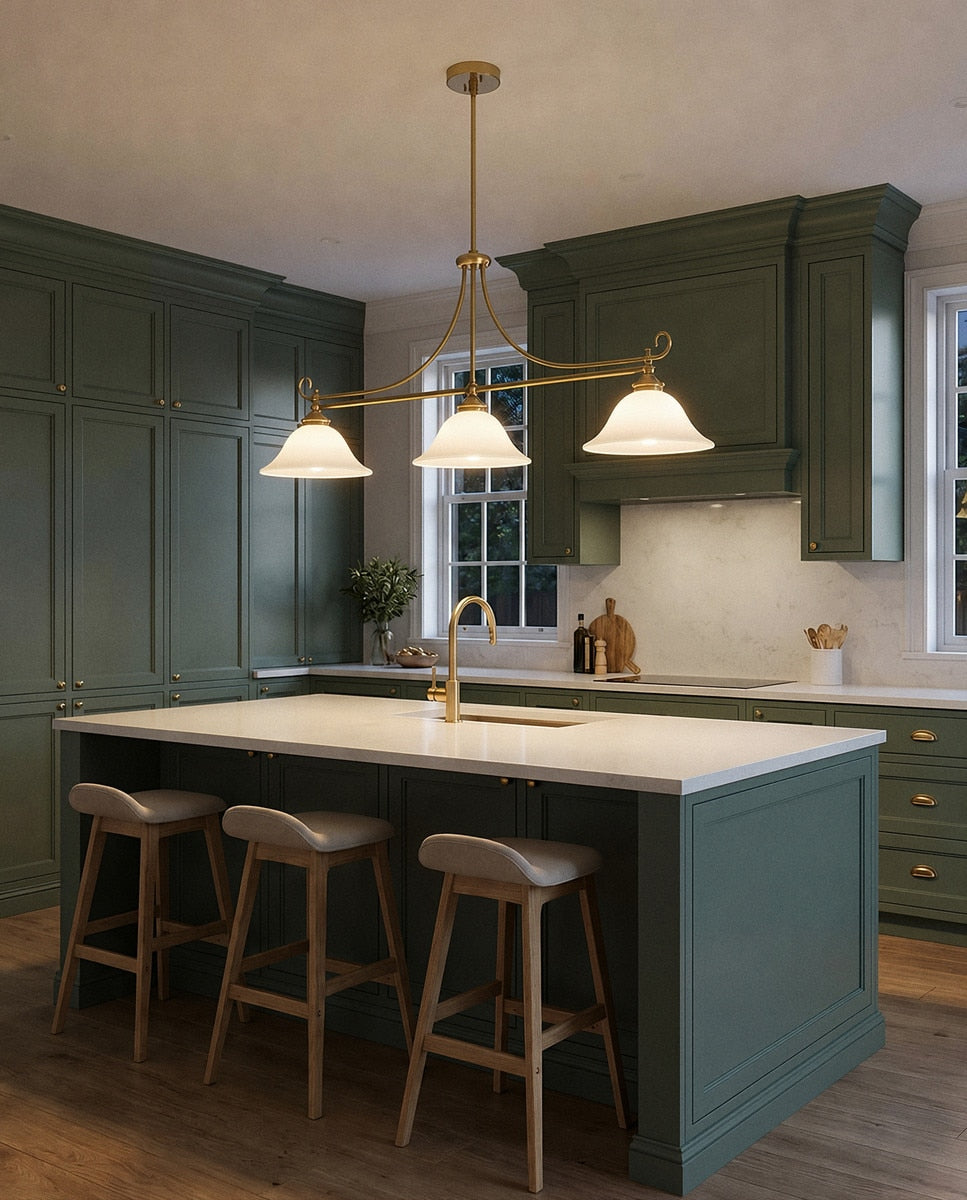 Dallas 3 Light Bench Pendant Light Satin Brass & Opal Matt - 1001675
