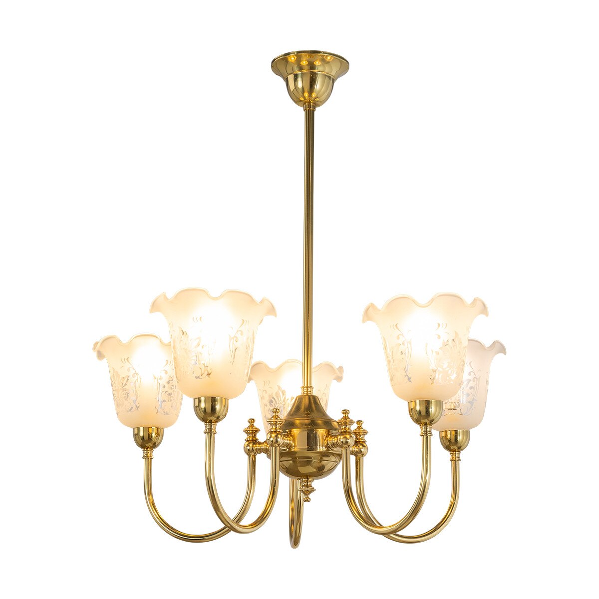Luke 5 Light Pendant Light with Shades Arms Up Polished Brass & Frost Etched - 3090405