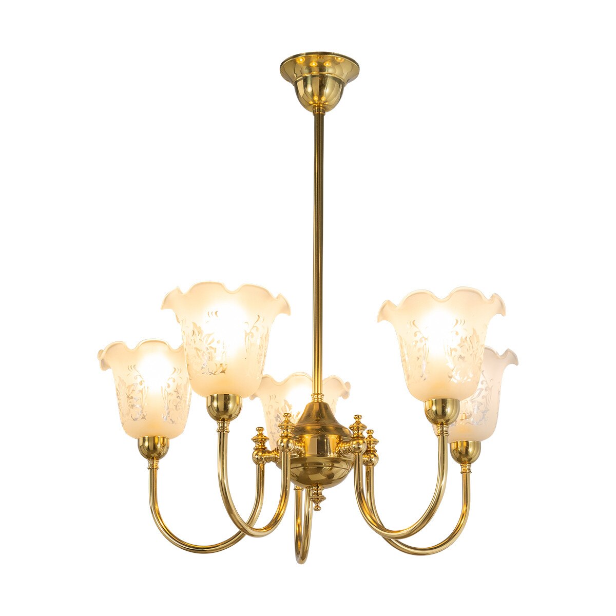 Luke 5 Light Pendant Light with Shades Arms Up Polished Brass & Frost Etched - 3090405