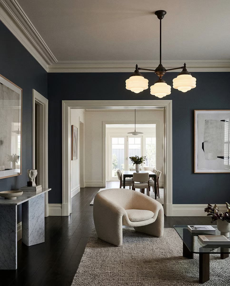 Bentleigh 3 Light Pendant Light Arms Down with Detroit Small Shade Patina & Opal Gloss - LOI3090622A