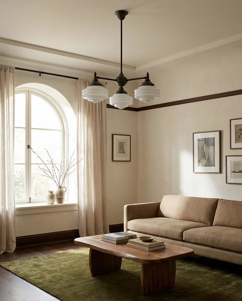 Bentleigh 3 Light Pendant Light Arms Down with Detroit Small Shade Patina & Opal Gloss - LOI3090622A