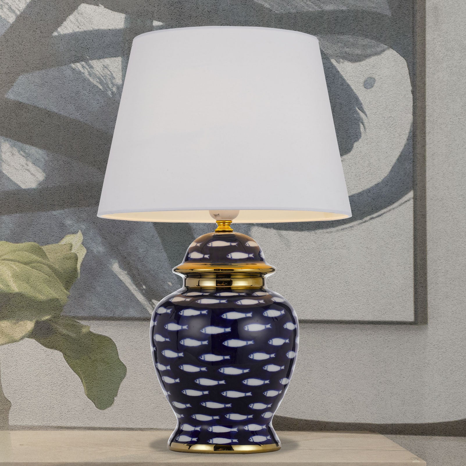 Buy Table Lamps Australia MASU Table Lamp Blue / White / Gold Ceramic / Fabric - MASU TL-BLWH