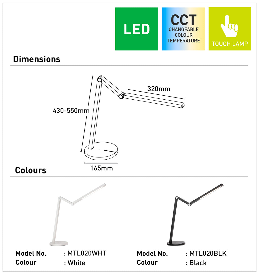 Rupert LED Desk Lamp White - MTL020WHT
