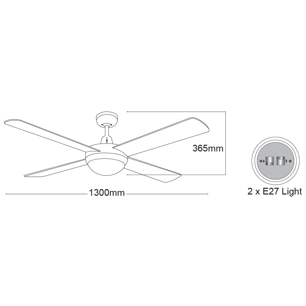 Buy AC Ceiling Fans With Light Australia Lifestyle 52" 4 Blade Ceiling Fan with Light 2 x E27 Matt Black - DLS1344M