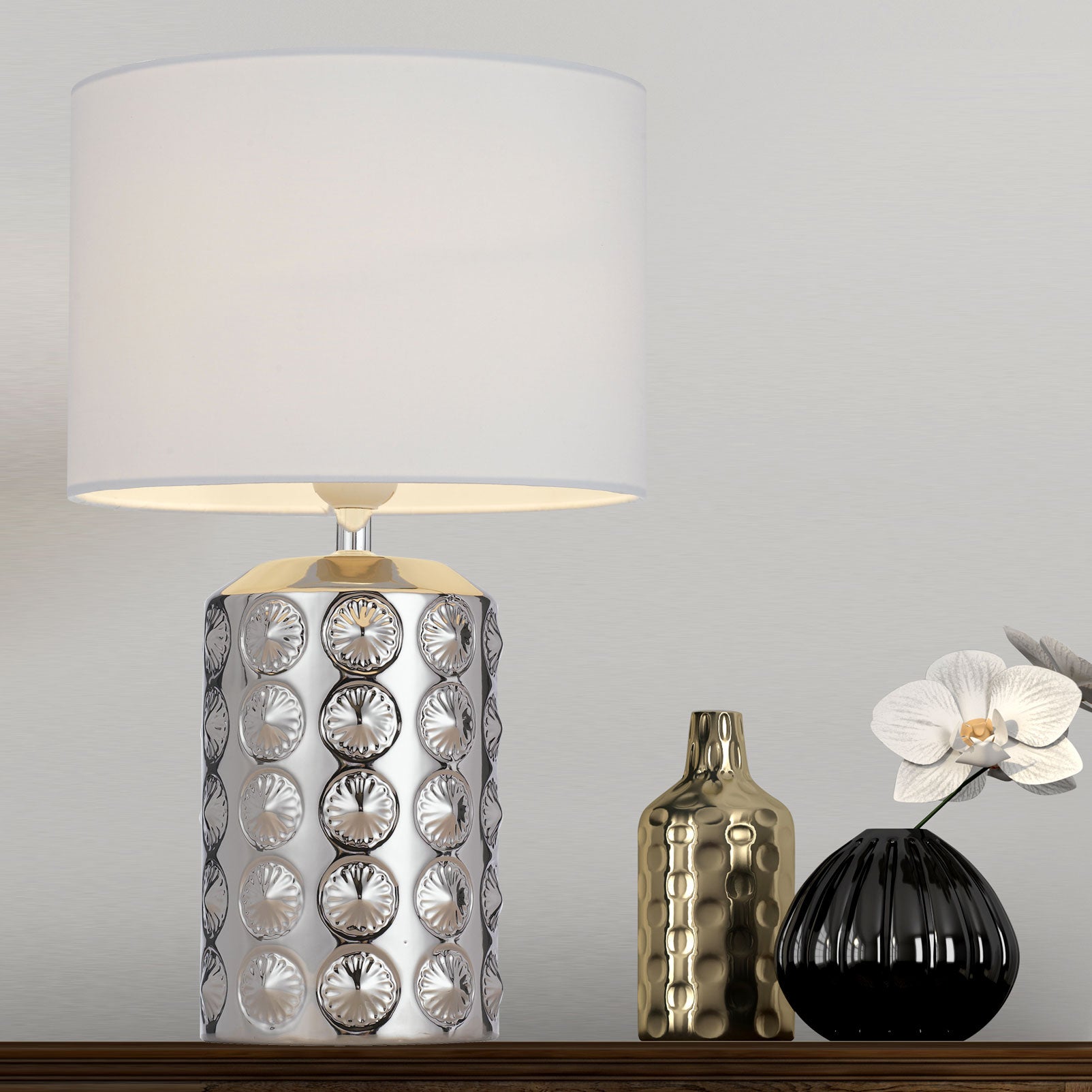 NANCY Table Lamp Silver / White Ceramic / Fabric - NANCY TL-SLWH