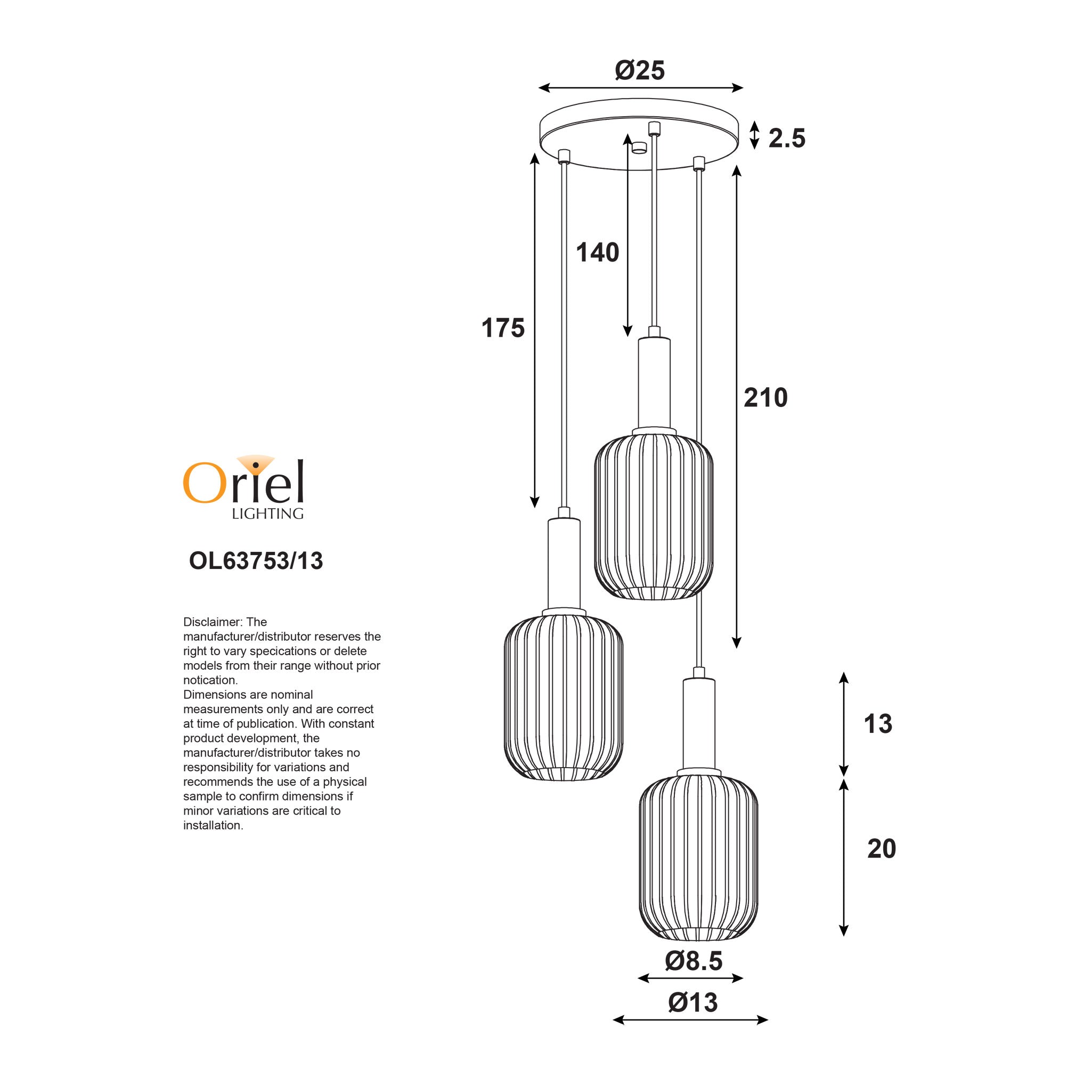 Luxe 3 Light Pendant Green, Amber & Smoke - OL63753/13MX