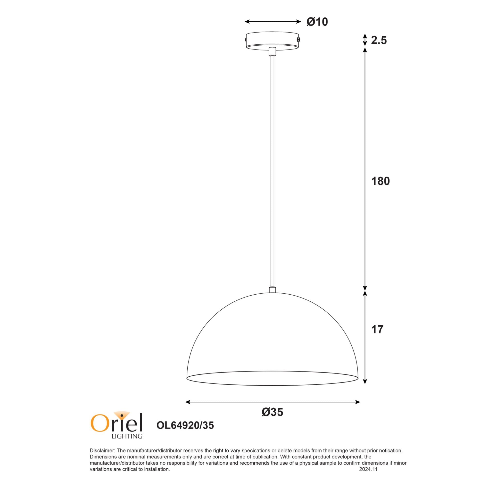 Lexi Metal Dome Pendant Light Black - OL64920/35BK